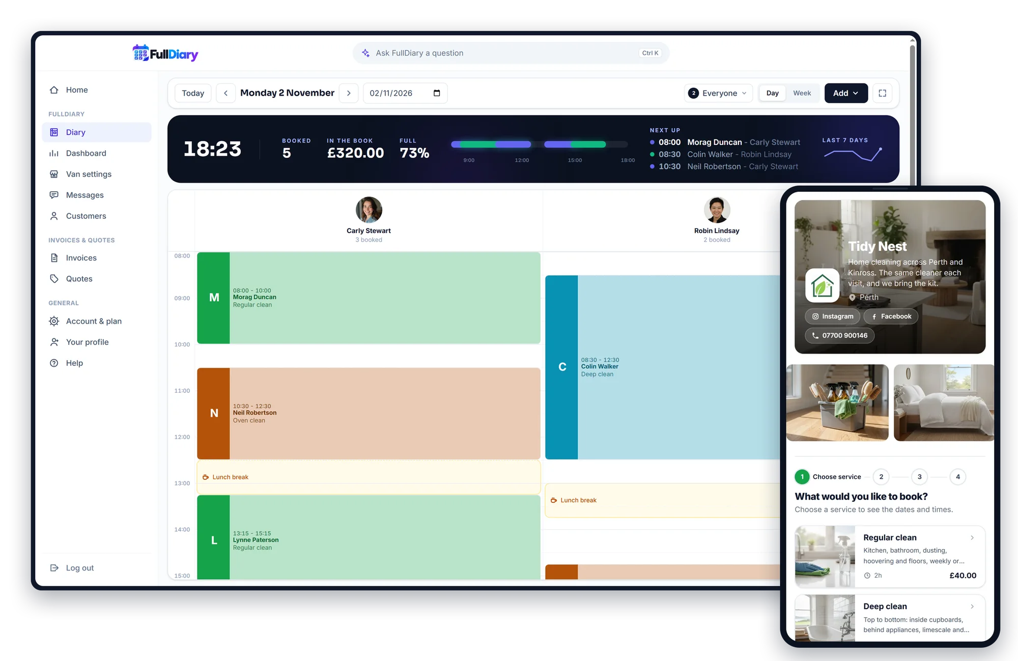 Tidy Nest's day in the FullDiary diary on a laptop, a column for each person, and its booking page on a phone in front of it, with its services and prices