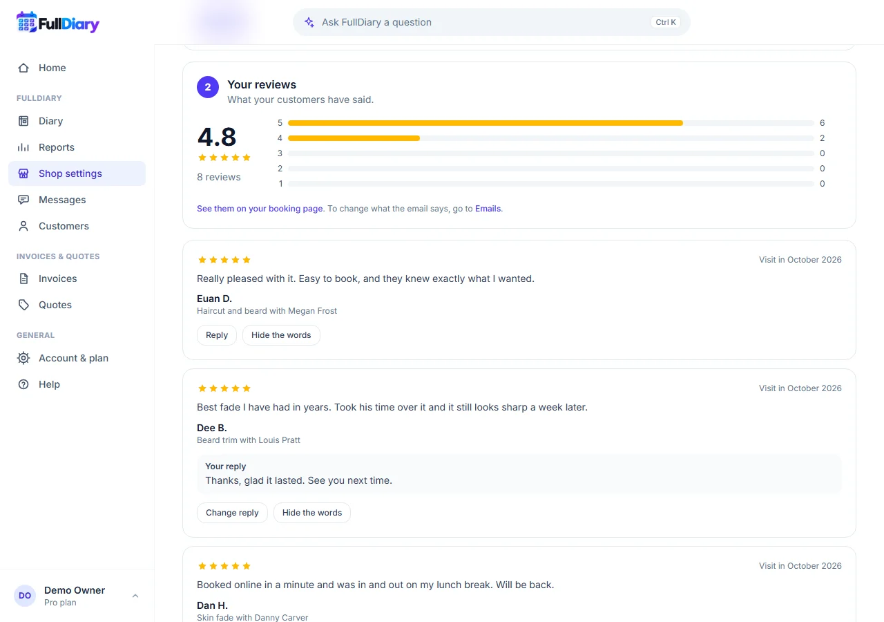 Shop settings, Reviews on a computer: Your reviews, the average 4.8 from 8 reviews with a bar for each number of stars, six fives and two fours, then each review with its stars, words, name, service and month, and Reply and Hide the words buttons